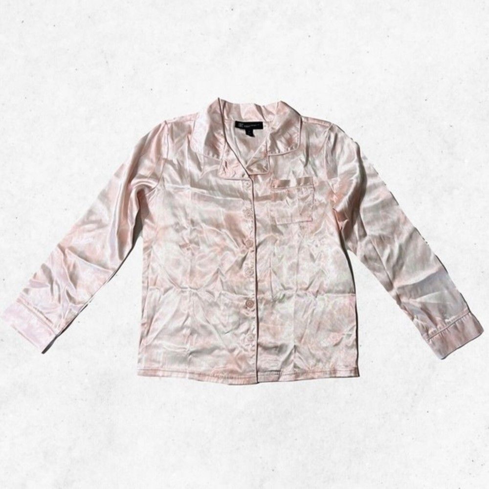 I.N.C. Girls Satin Pajama Top Sz 14 Pink White Long‎ Sleeve Front Buttons Pocket